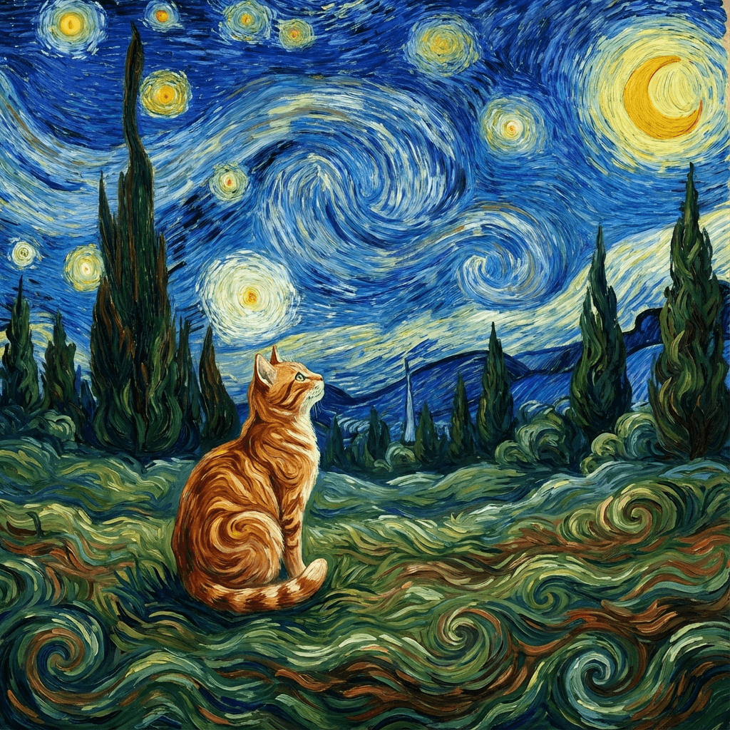 Orange tabby cat stargazing in a Van Gogh style forest